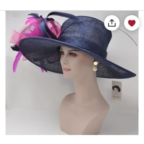 Women’s Kentucky derby tea Party Wide Brim Navy pink Flowers Feathers Hat - Picture 10 of 11